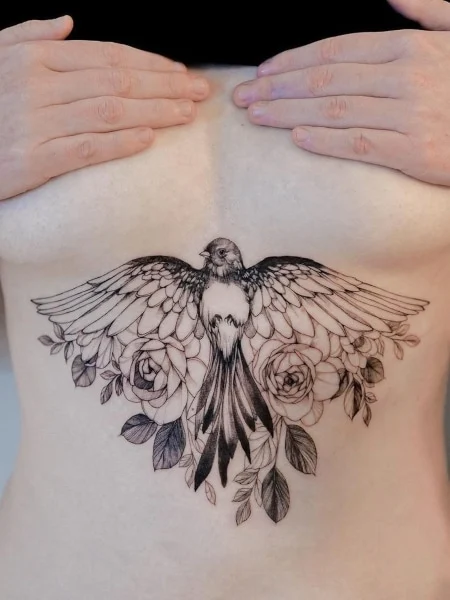 Bird and Floral Underboob Tattoo Design