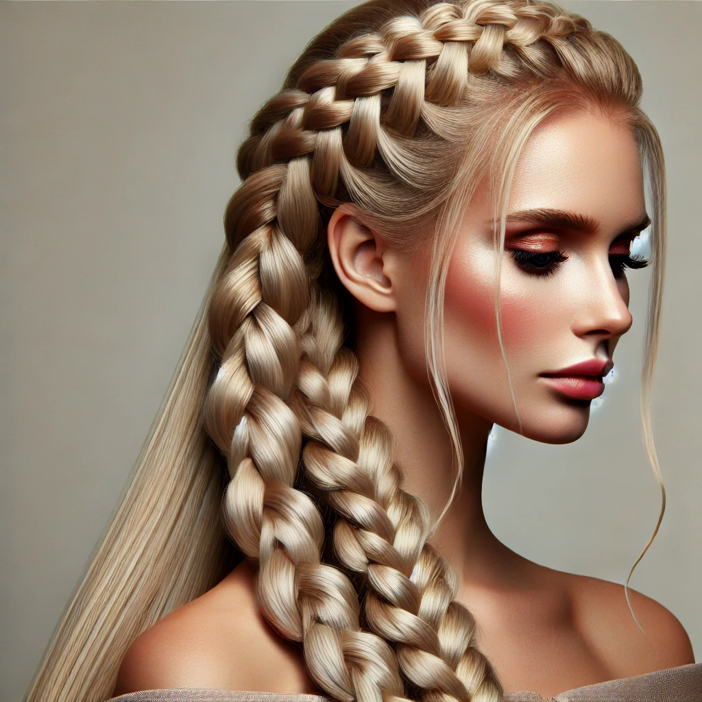 Woman with long, sleek blonde goddess braids, styled in French or Dutch braids, adding dimension and a regal look to her hair