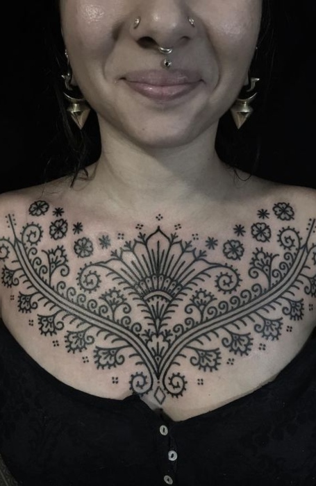 Ornamental Lace Sternum and Chest Tattoo Design