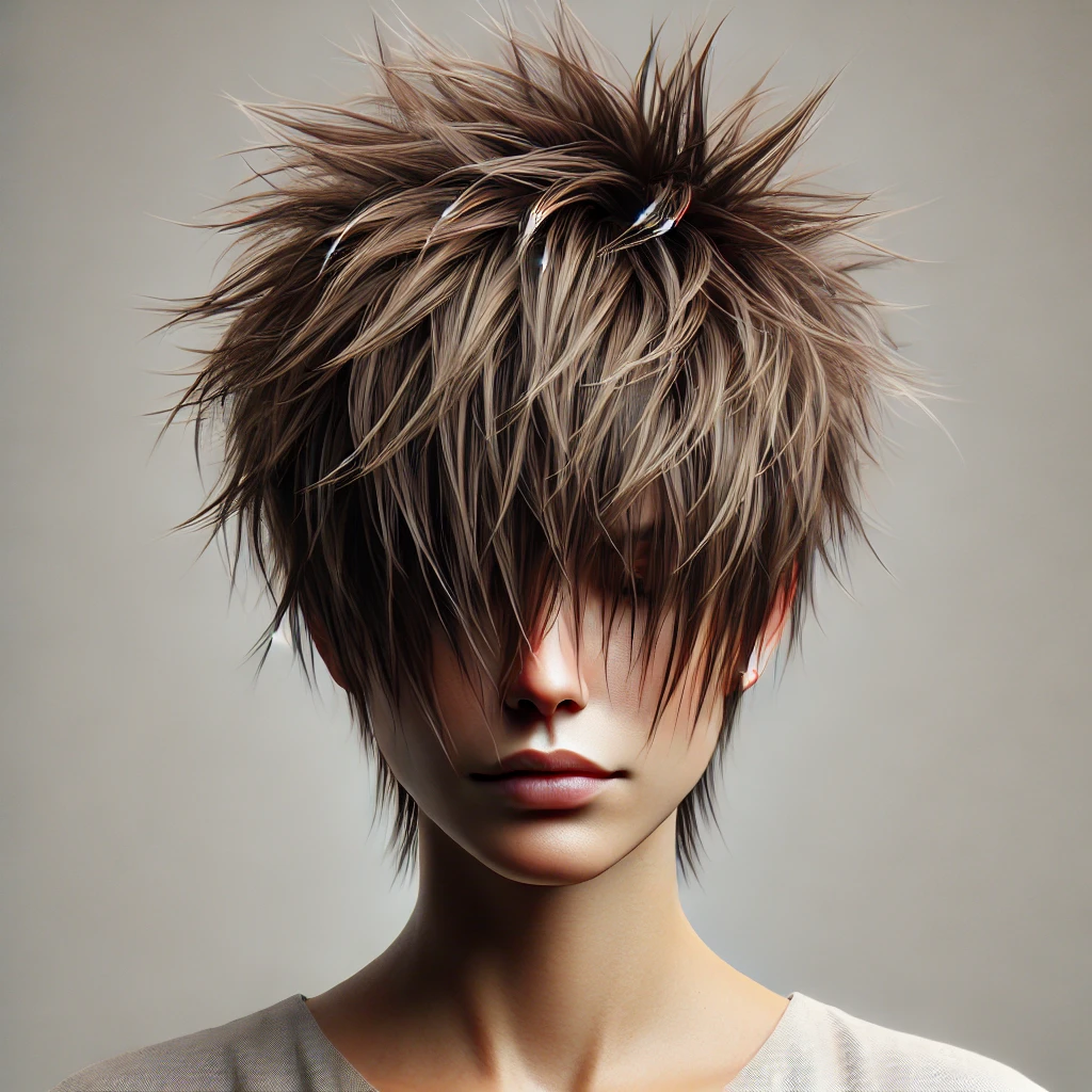 Woman with short, messy spiked hair, styled in an edgy and textured look with disheveled spikes, creating a bold and cool appearance