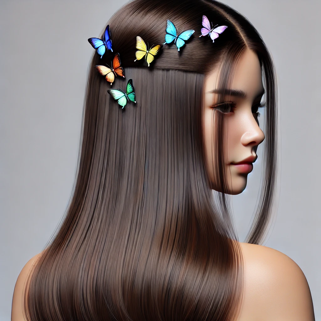 Woman with sleek, straight hair styled in a half-up, half-down look with colorful butterfly clips, adding a playful '90s touch