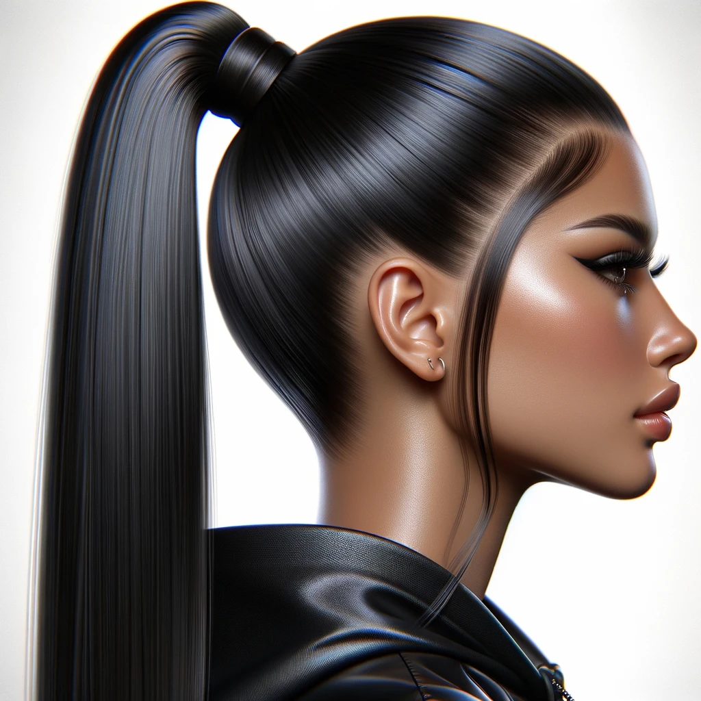 Woman with a sleek, high ponytail and styled baby hairs, creating a bold, polished urban look.