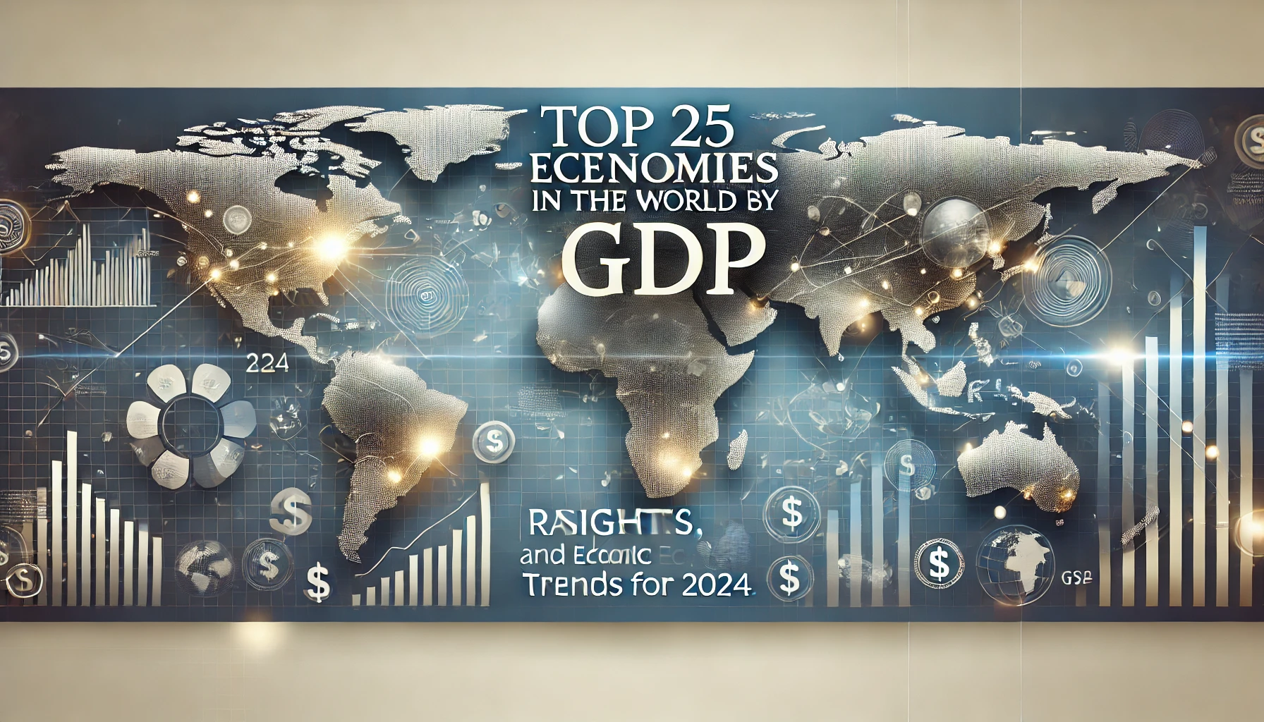 Banner for 'Top 25 Economies in the World by GDP' with world map, financial symbols, and insights on GDP rankings and economic trends for 2024