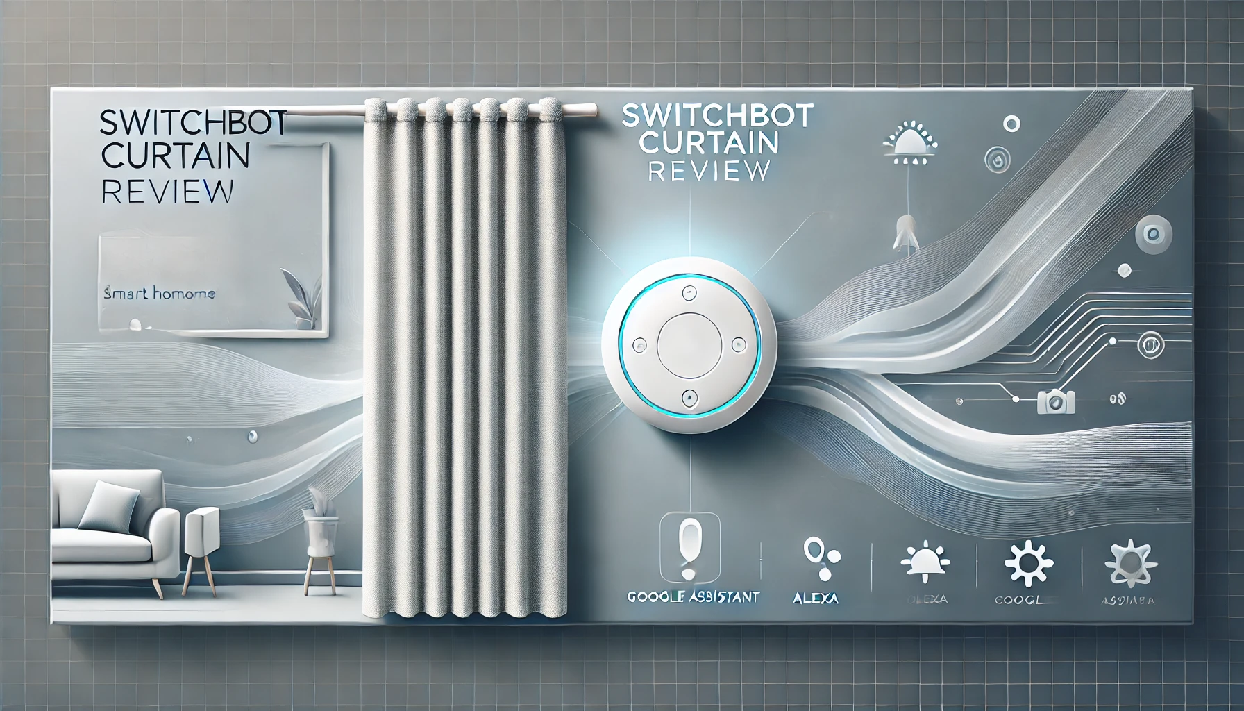 Modern banner for the SwitchBot Curtain review featuring a stylized depiction of the device attached to curtains, with icons of smart home integrations and soft blue gradients