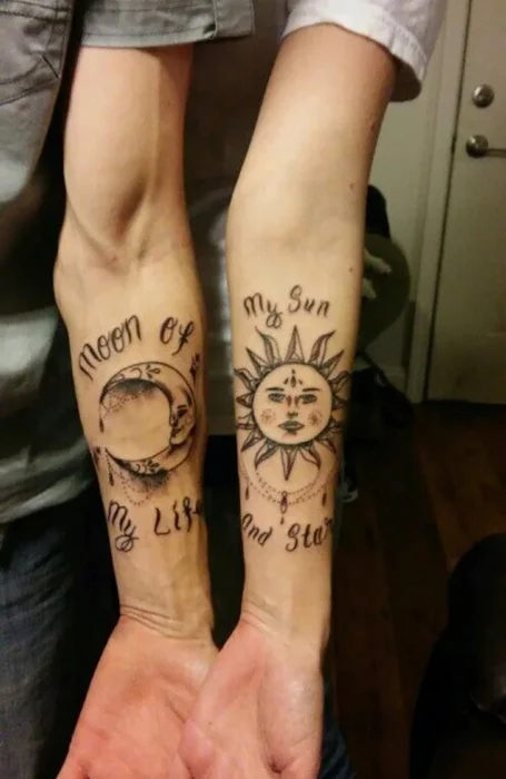 Matching sun and moon couple tattoos with quotes on forearms