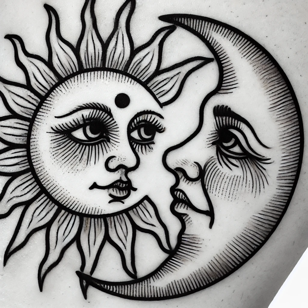 Sun and Moon Face Tattoo with Human Expression