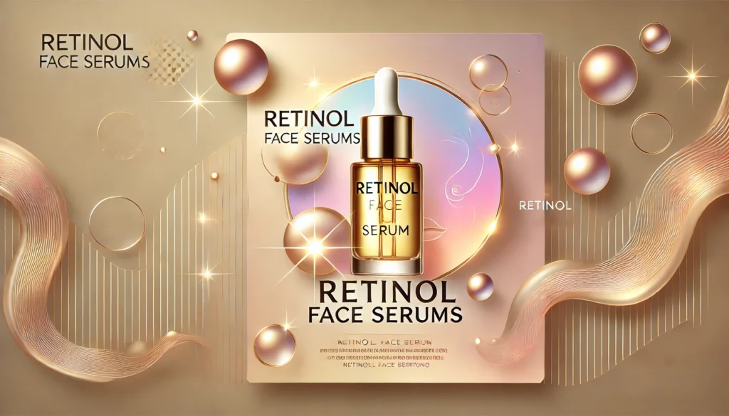 A luxurious banner for Retinol Face Serums featuring a gradient background in gold and pastel pink, a dropper bottle with glowing highlights, and elegant typography.