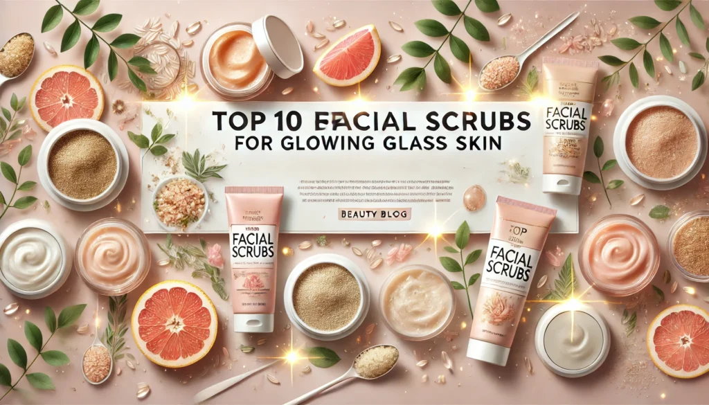 Wide banner for blog post featuring Top 10 Best Facial Scrubs for Glowing Glass Skin with pastel background, facial scrub products, and botanical elements like rice grains and citrus slices