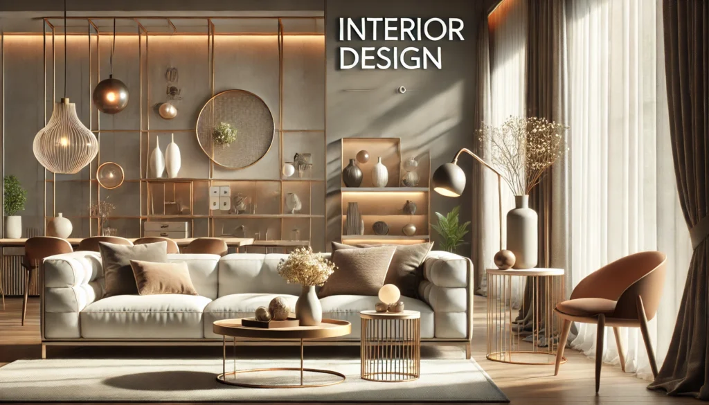 Modern interior design banner featuring a cozy living room with stylish furniture, warm lighting, and tasteful decor