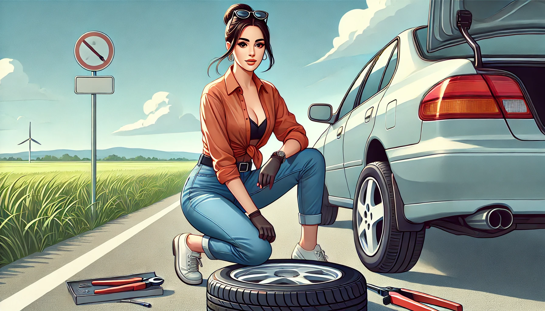 A confident woman in casual clothes changing a car tire on the side of the road, beside a jacked-up sedan with a grassy field and clear sky in the background