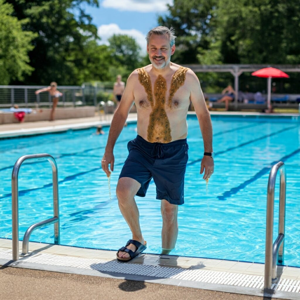 Person wearing sandals near a public pool to prevent fungal infections