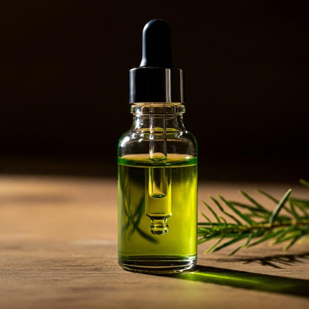 Bottle of tea tree oil used for preventing fungal infections.