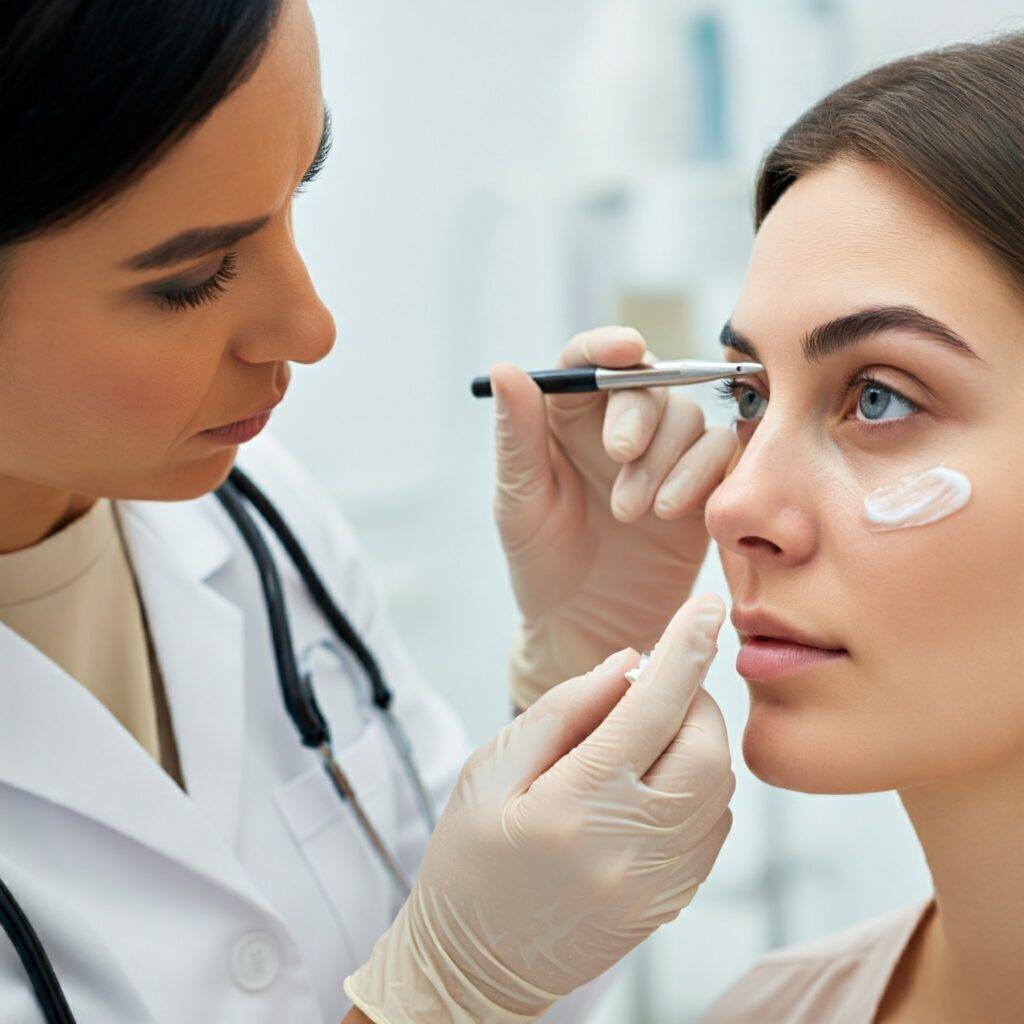 A dermatologist gently applies under-eye cream to a patient.