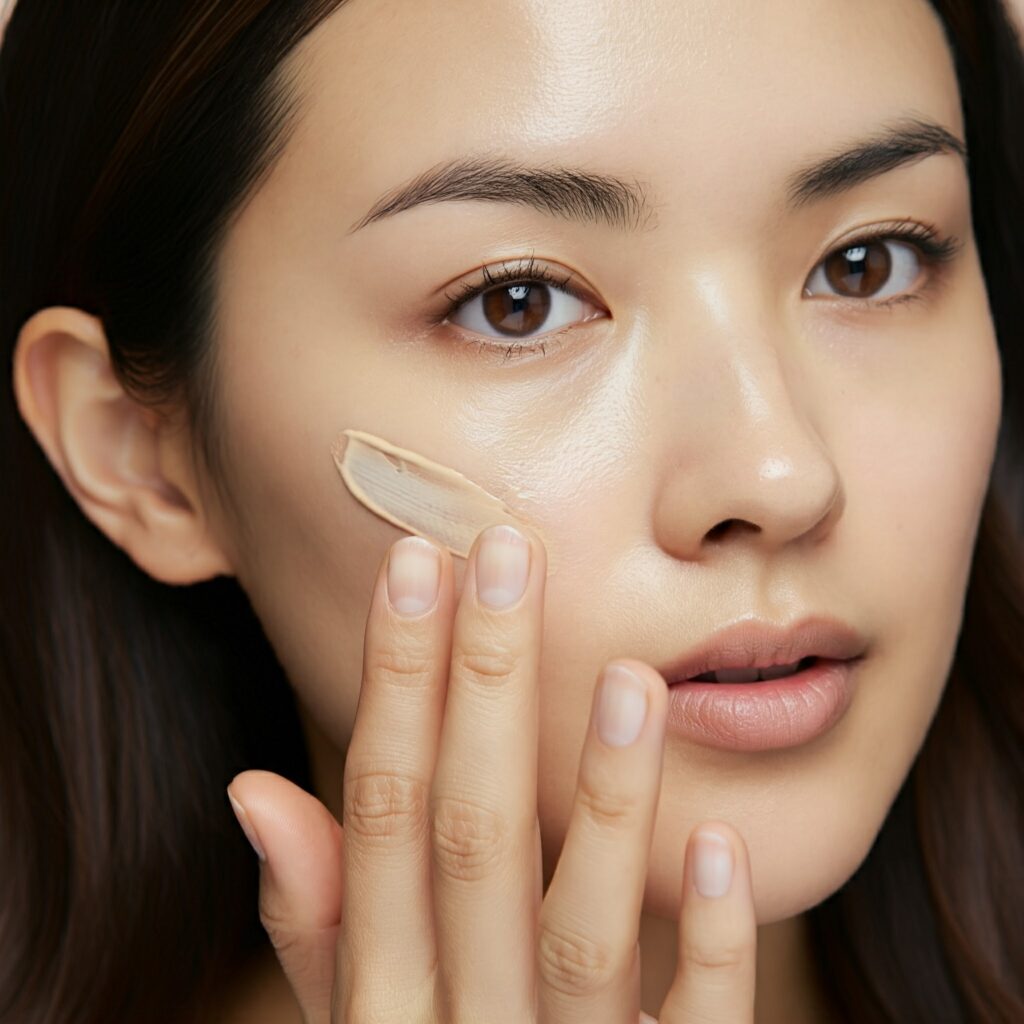 A woman applies lightweight BB cream for a natural makeup look that won't clog pores in humid monsoon weather.