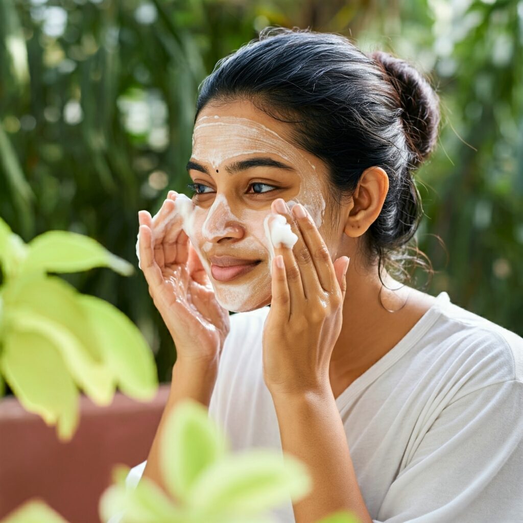 A woman with [hair color and style] gently cleanses her face with a soap-free facial wash, ideal for maintaining healthy skin during the humid monsoon season.