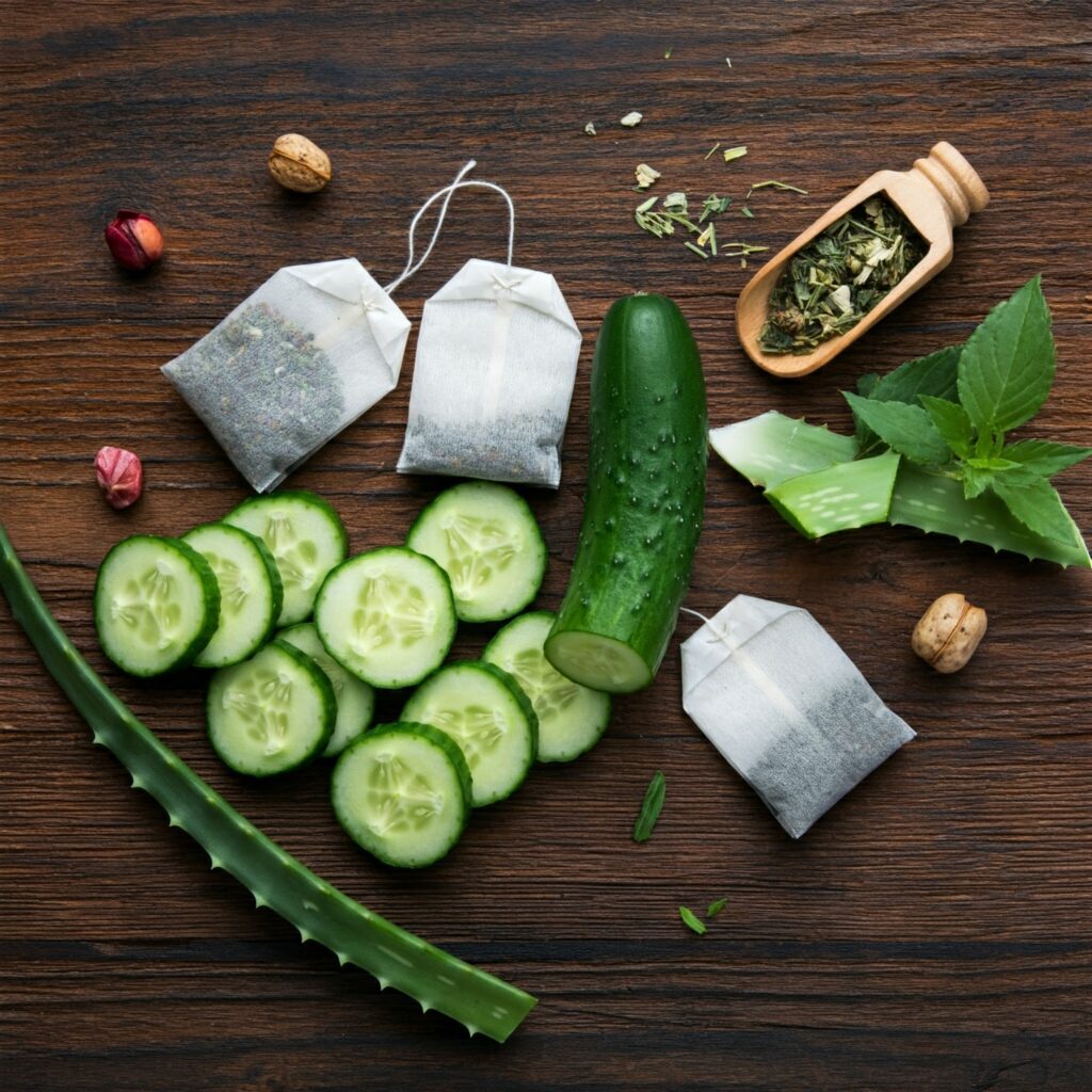 Fresh cucumber slices, herbal tea bags, and aloe vera leaves arranged on a rustic wooden table.