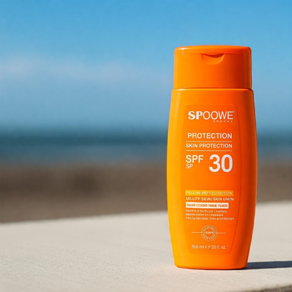 A close-up of an SPF 30 sunscreen bottle, emphasizing its importance for skin protection even on cloudy monsoon days.