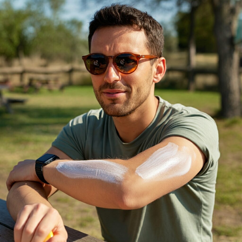 A person wearing sunglasses and applying sunscreen to their face outdoors.