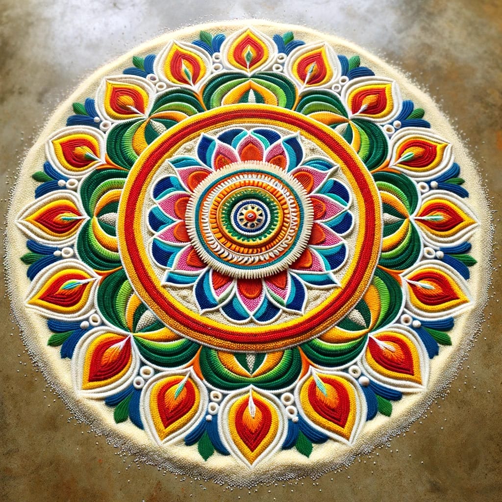 traditional Indian Rangoli made with rice grains