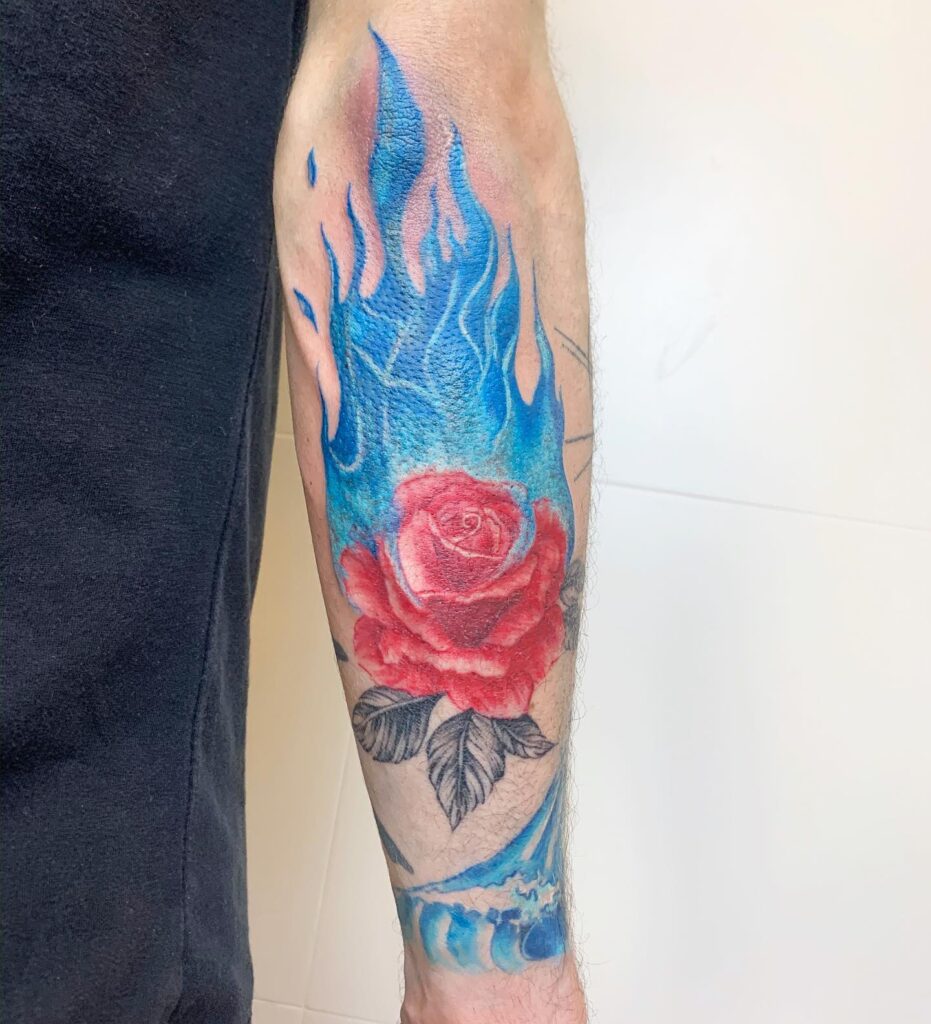 Rose On Fire Tattoo