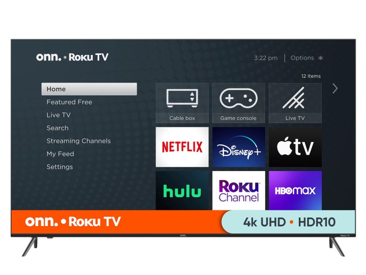 ONN.  75-inch 4K Roku TV on white background.