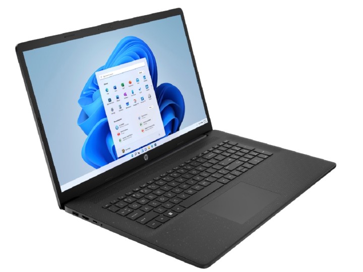 HP 17.3-inch laptop with Windows 11 interface on screen.