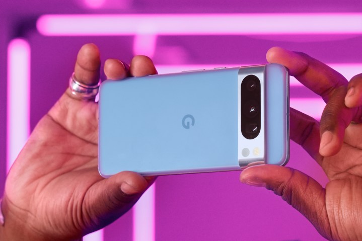 Someone is holding a blue Google Pixel 8 Pro.