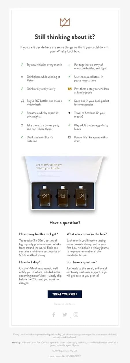 Whiskey Loot engaging abandoned cart email.