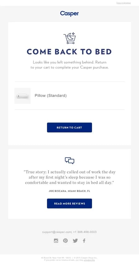 Casper uses clean design in abandoned cart email.