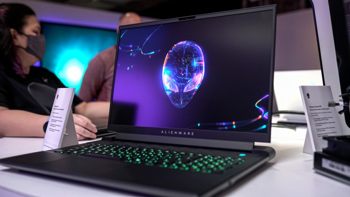 An Alienware M18 laptop sitting on a table.