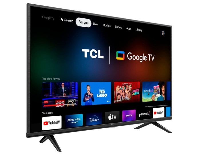 TCL 4-series 4K TV on white background, showing the Google TV interface.