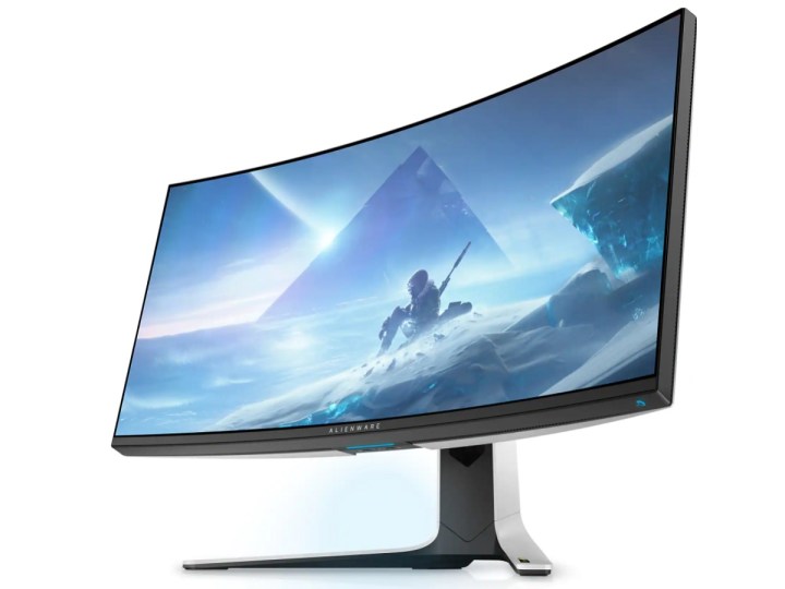 A curved gaming monitor from Alienware with a stand.