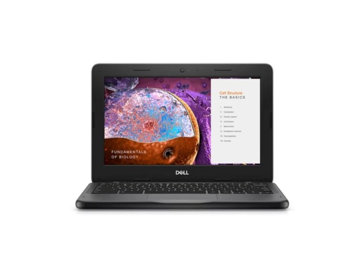 Dell Chromebook 3110 laptop with educational content onscreen.