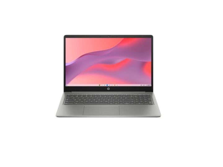 The HP 15.6-Inch Full HD Chromebook displaying a colorful, abstract desktop background.