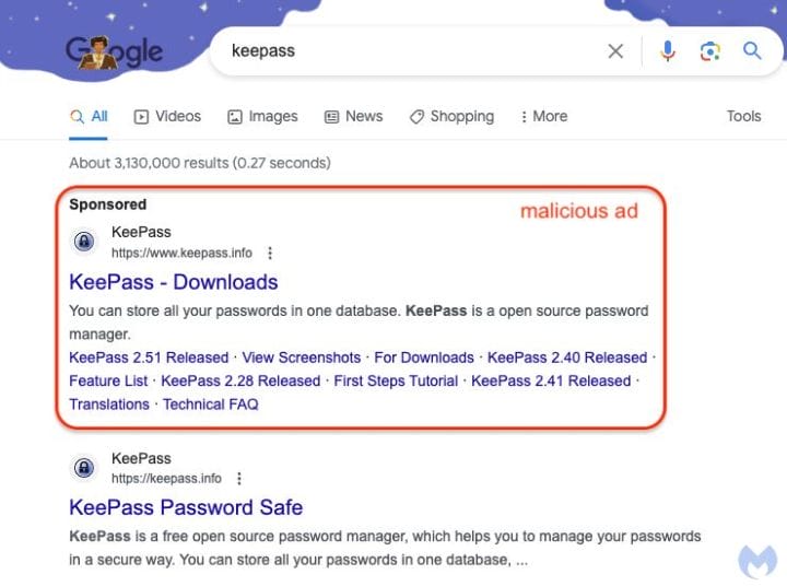 A search result showing a malicious Google ad for KeePass Password Manager, with the ad impersonating the official website.