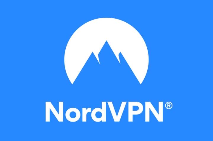 NordVPN company name and logo, blue mountain peaks in front of a white circle on a blue background.