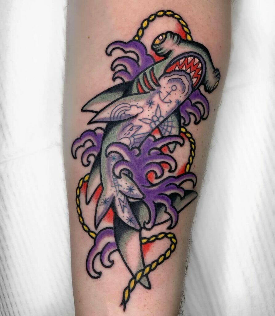 Artsy Purple and Green Traditional Hammerhead Shark Tattoo