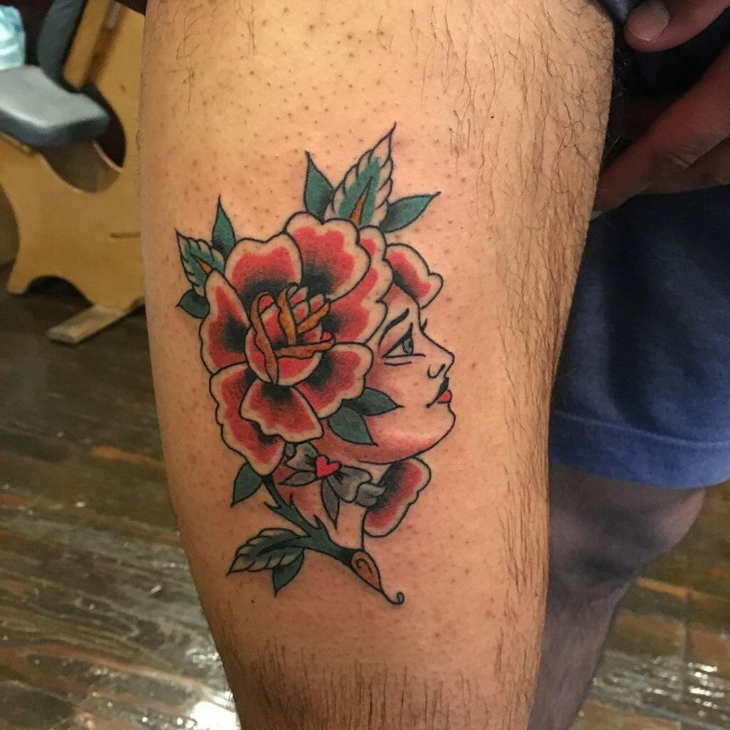 Traditional Rose and Lady Face Tattoo