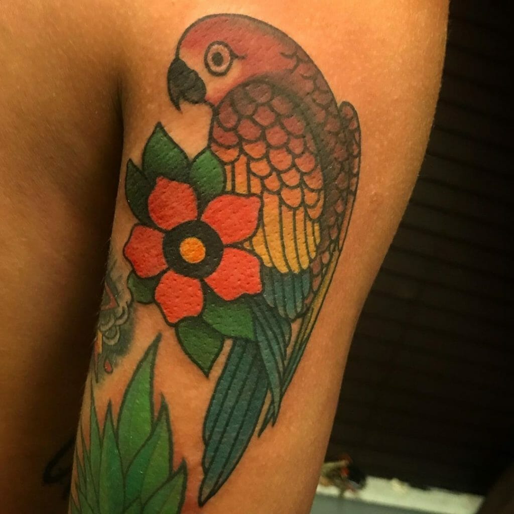 Traditional Parrot and Flower Tattoo