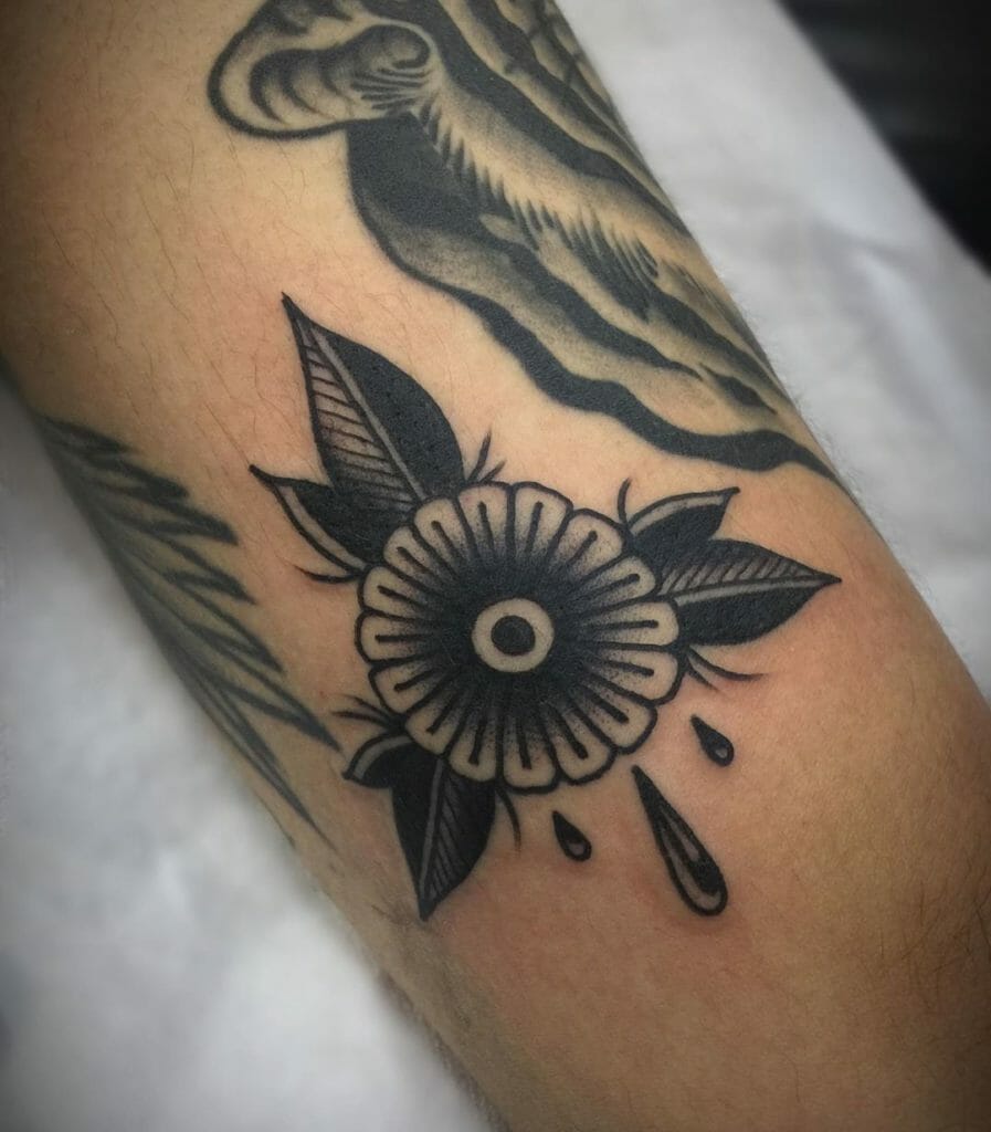 Blackwork Floral Tattoo with Tear Drops