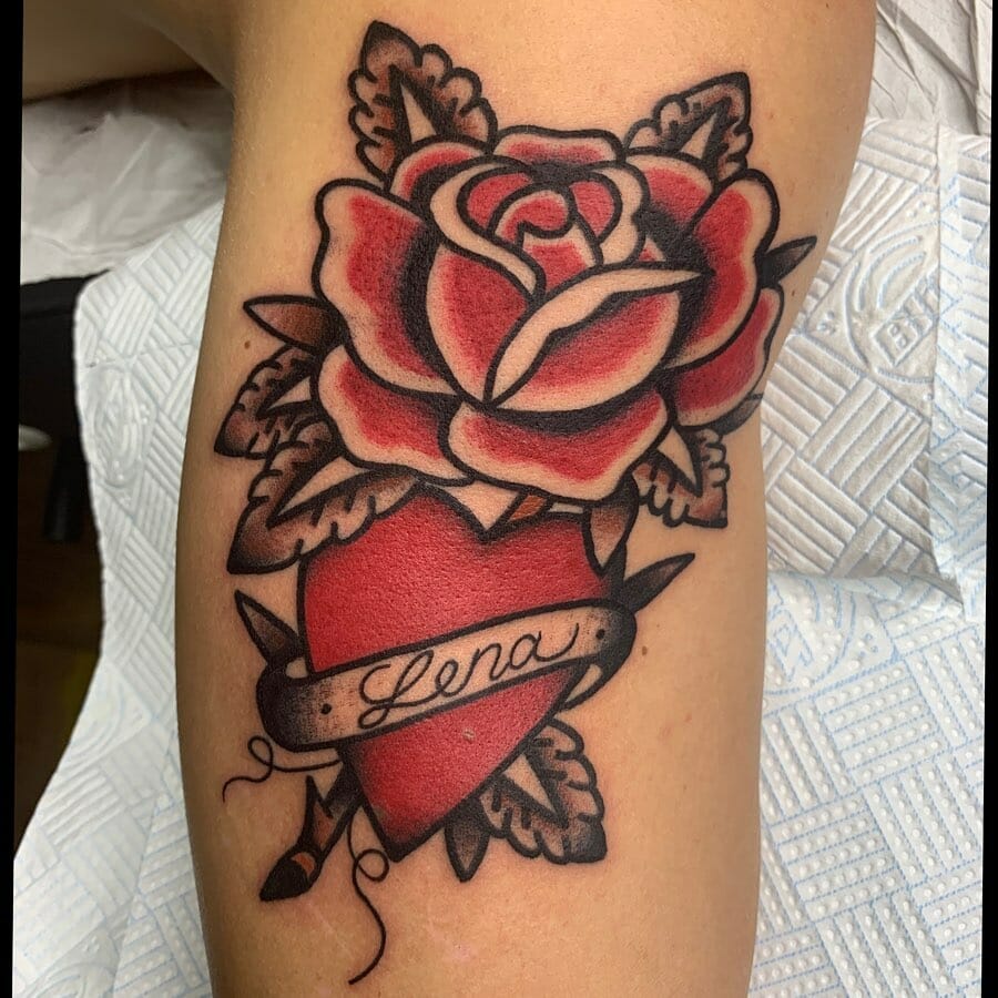 Traditional Rose and Heart Name Tattoo