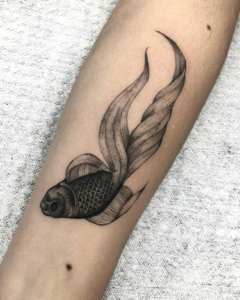 Realistic Black and Gray Goldfish Tattoo Design