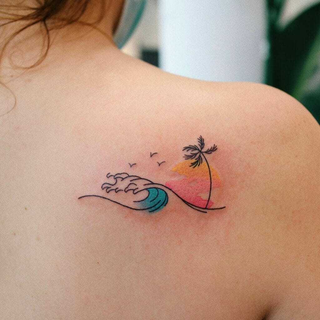 Hypnotic beach tattoo with palm tree and sunset