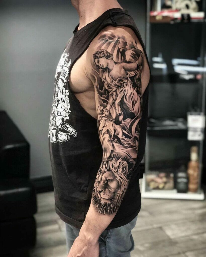 Lion sleeve tattoo, angel clock from heaven