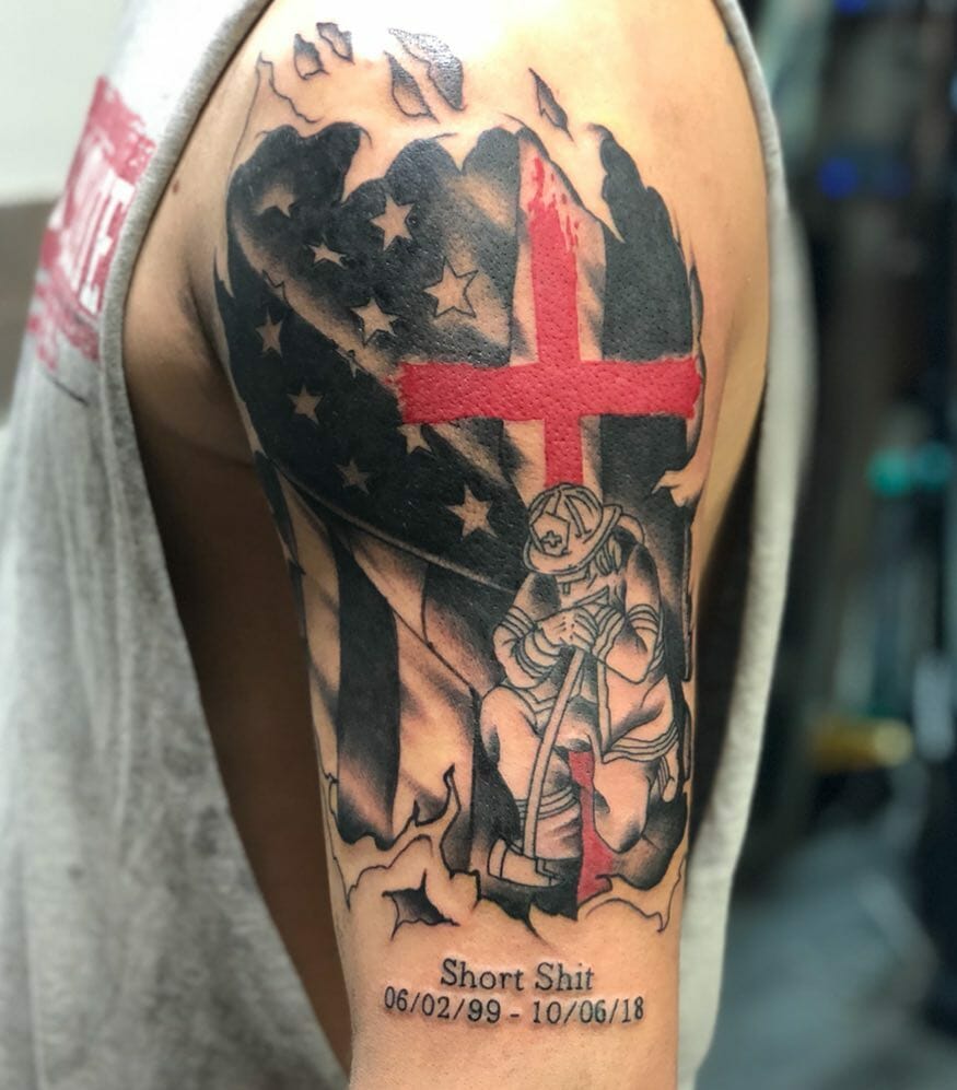 Thin Red Line Flag Cross Tattoo