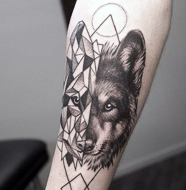 Half geometric, half realistic wolf tattoo on forearm, symbolizing balance between wild and structured elements