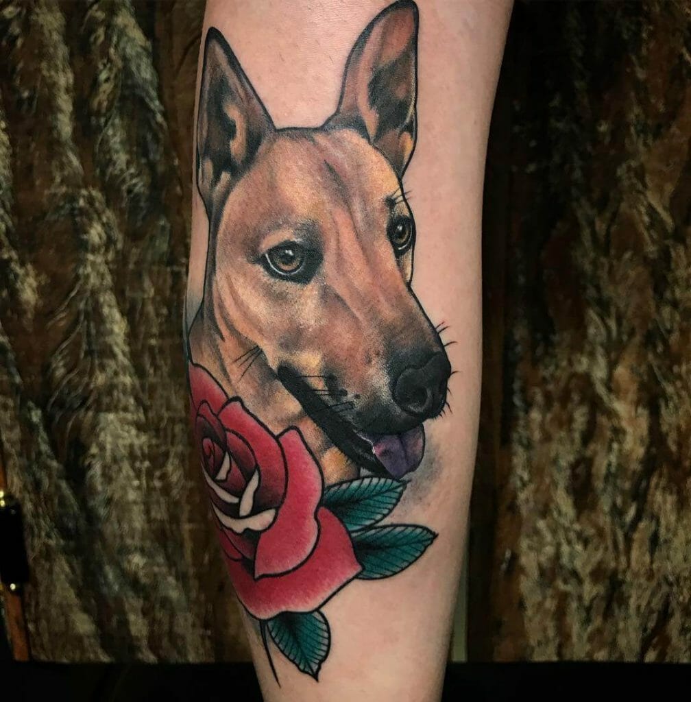 Realistic Dog Portrait Tattoo with Red Rose