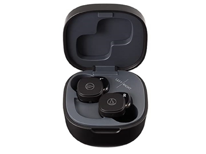 Audio-Technica SQ1TW wireless earbuds in their charging case.