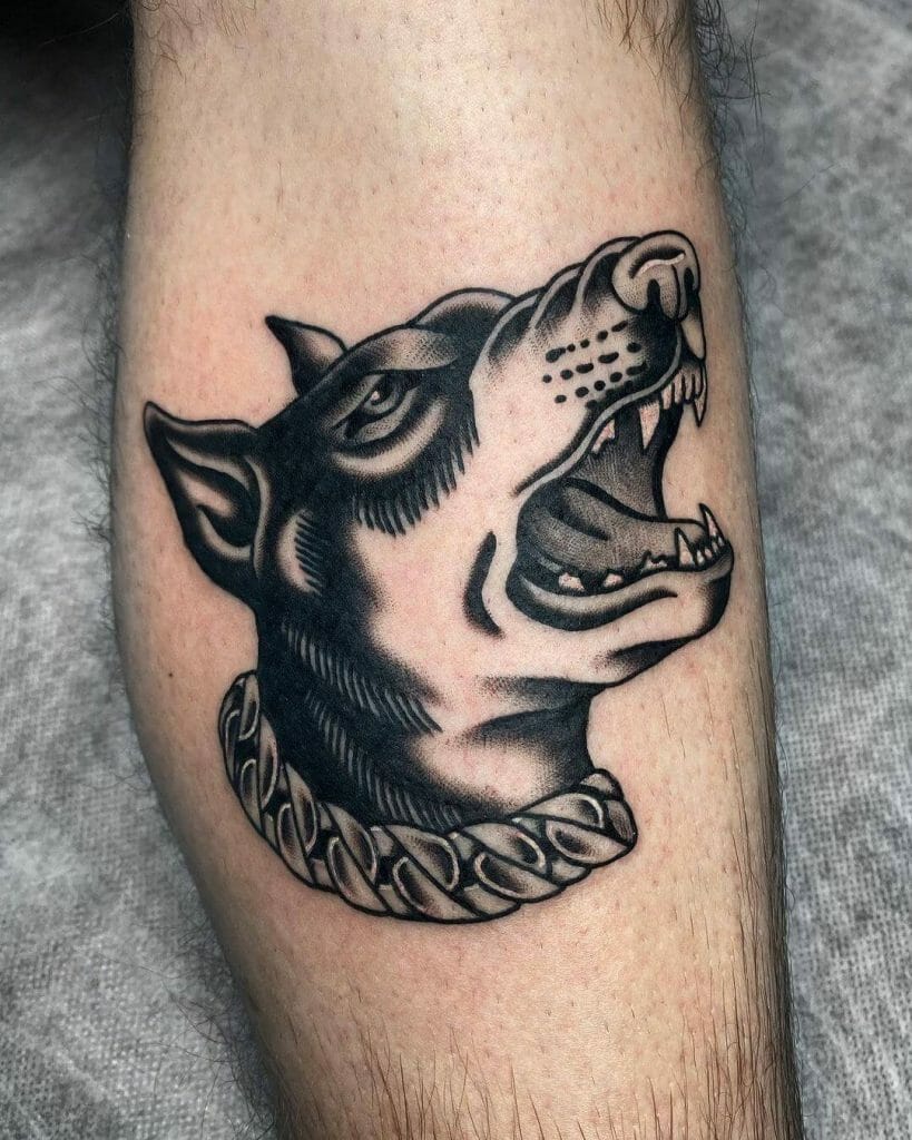 American Traditional Dog Tattoo with Bold Black and Grey Shading