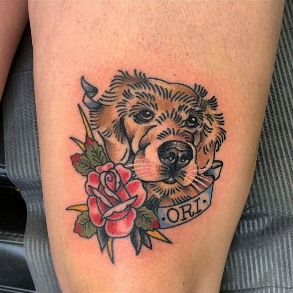 Dog Portrait Tattoo with Rose and Personalized Banner